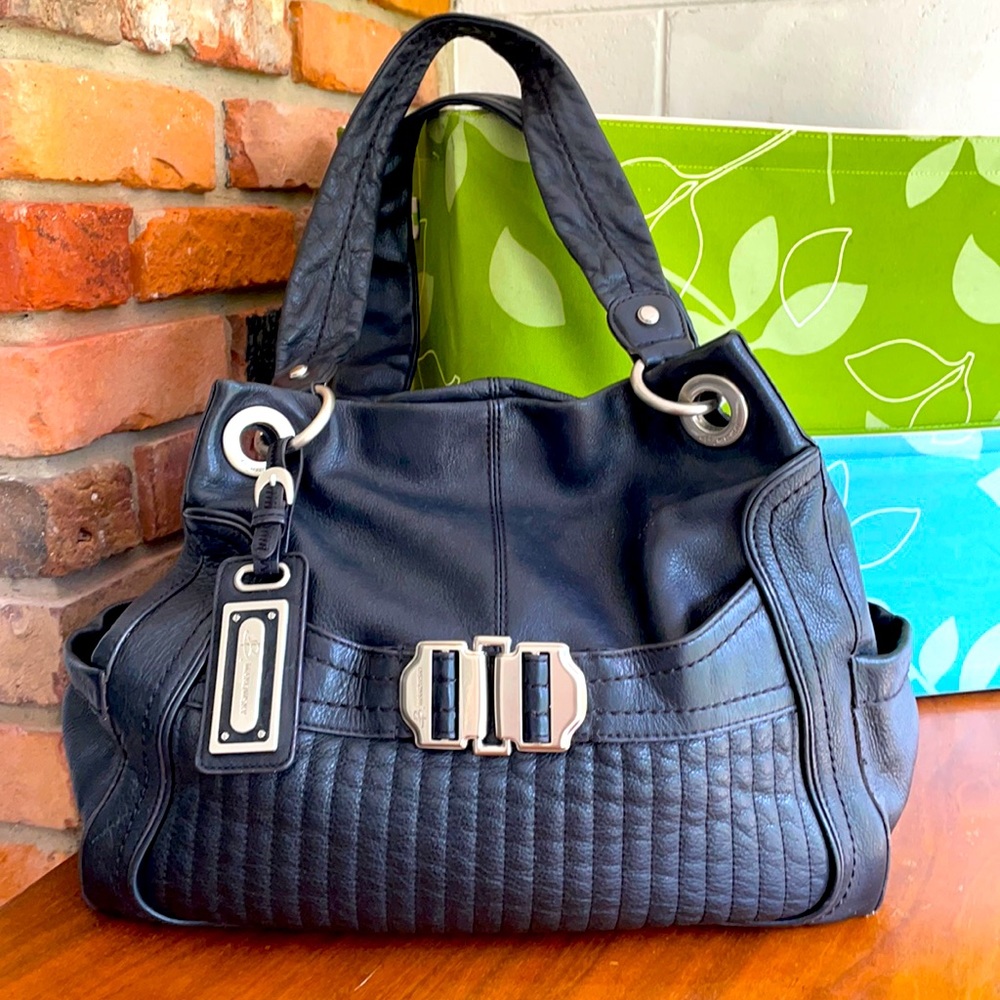 B Makowsky tote black leather metal buckles